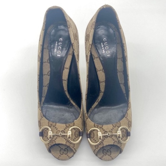 Gucci Canvas Horsebit Peep heels - Picture 1 of 8